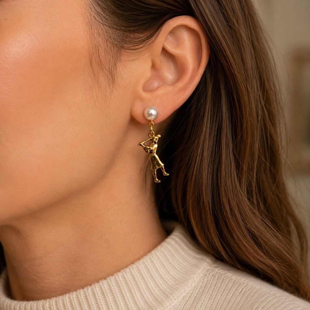 Vintage Gold Tone Golfer Silhouette Faux Pearl‎ Drop Earrings Novelty Sports